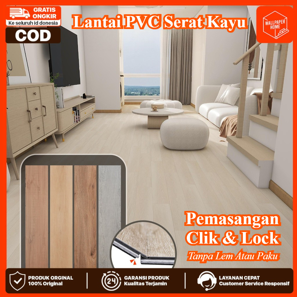 WALLPAPER HOME - Lantai Kayu PVC Klik Tanpa Lem Ukuran 122×18 Cm Ketebalan 3.5 Mm + Underlayer 1 Mm