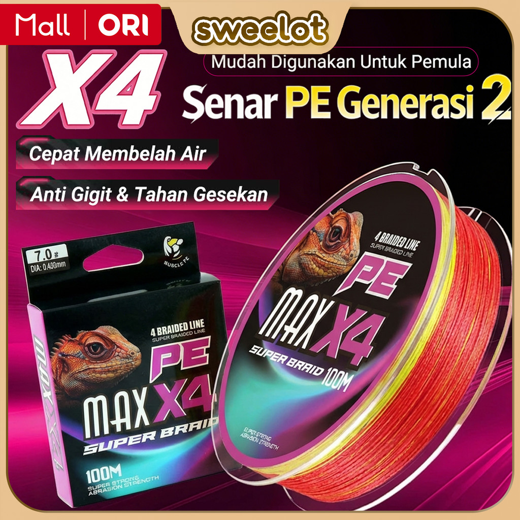 Tali Pancing PE MAX X4 100M Senar Pancing Braided Line 4 Braided Kuat Awet 20LB 25LB Senar PE 1.5# 2.0# Anti Keriting Smooth Casting Jigging Tali Pancing Laut Sungai