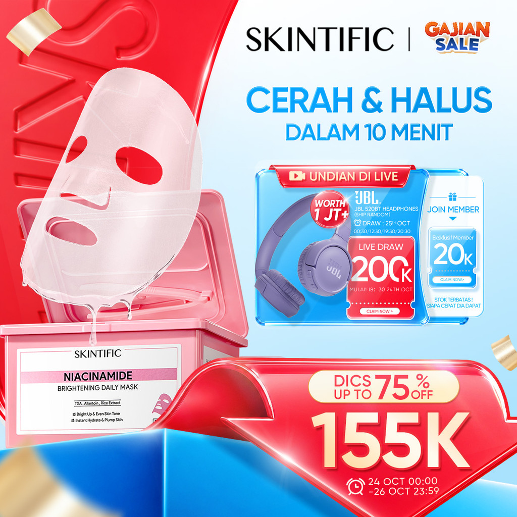 SKINTIFlC -NIACINAMIDE BRIGHTENING DAILY MASK 30sheets|Hydrate Glow sheet masker wajah masker komedo dan pori skincare skintific masker wajah 1box sheetmask 30 days sleeping mask masker mencerahkan wajah kusam clay mask claming pore treatment