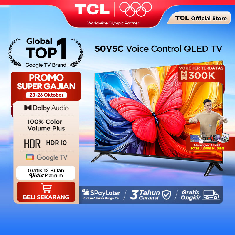 TCL Ultimate QLED FHD TV 50 inch V5C - HDR 10 - Dolby Audio - Google Play/Netflix/Youtube/Disney+Hotstar - Smart-Digital -Promo-Murah- Android-LED-43(Model: 50V5C)