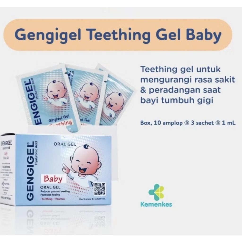 Detail kemasan sachet teething gel bayi Gengigel yang praktis dibawa bepergian