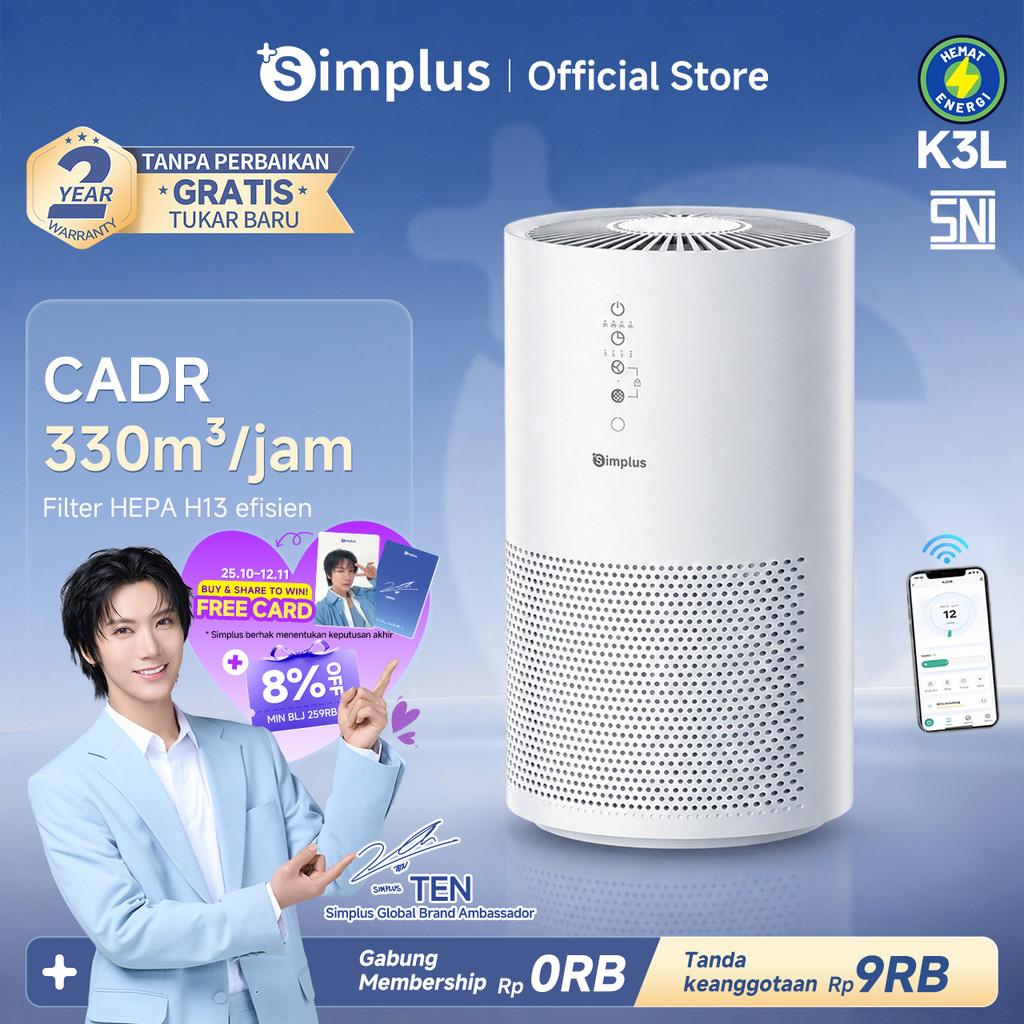 Simplus Air Purifier Penyaringan HEPA H13 Efisien  Tingkat Pemurnian Super Senyap 35dB Mode Pintar Otomatis Ozone Free