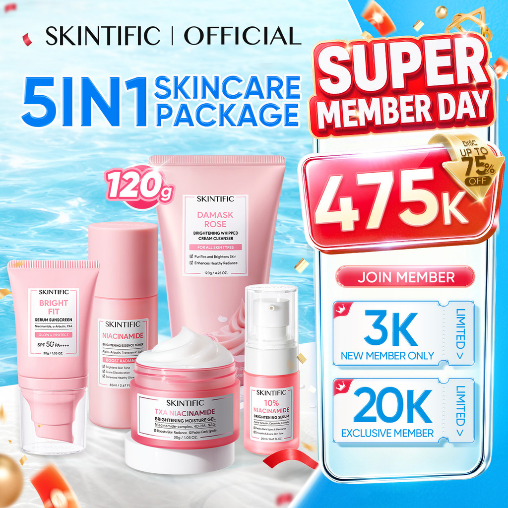 [5PCS] SKINTIFIC Full Series Skincare Set - Facial Wash + Toner + Serum + Moisturizer + Sunscreen – Daily Skincare – Paket Perawatan Wajah Semua Jenis Kulit – Brightening, Dark Spot, Calming Acne, Skin Barrier, Glass Skin