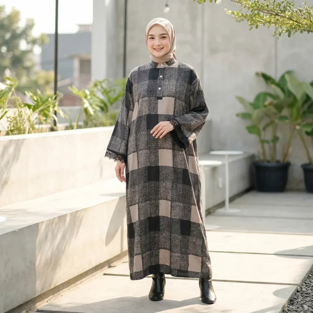 Review FADFAD Gamis Muslimah Kotak Patchwork Kerah Kancing Longgar Modern
