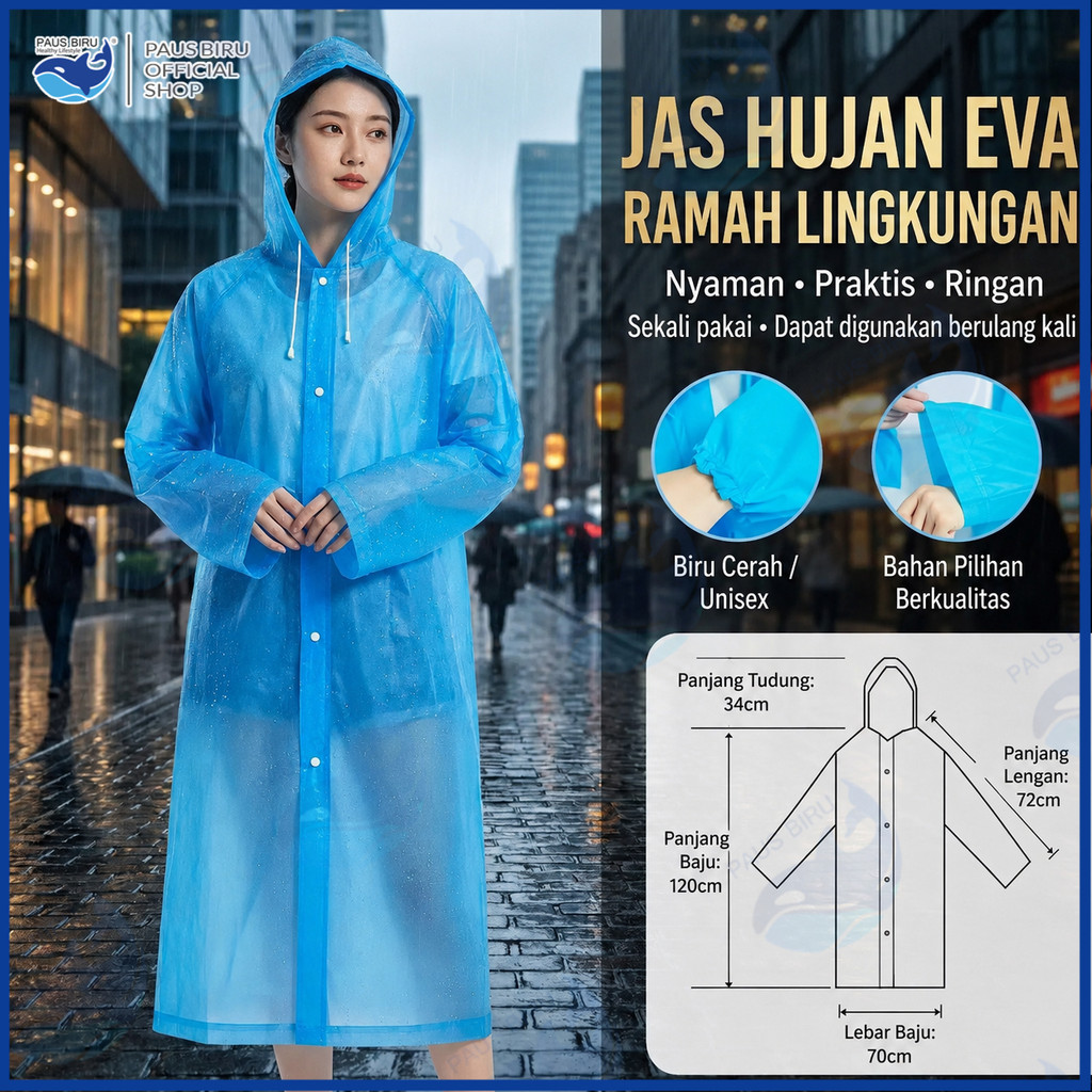 Paus Biru - Jas Hujan EVA Tebal Dewasa Unisex Mantel Hujan Semi Transparan Premium Tahan Air Ringan Ramah Lingkungan Bisa Digunakan Berulang Kali Hoodie Panjang Anti Basah Cocok Motor Camping Hiking Traveling