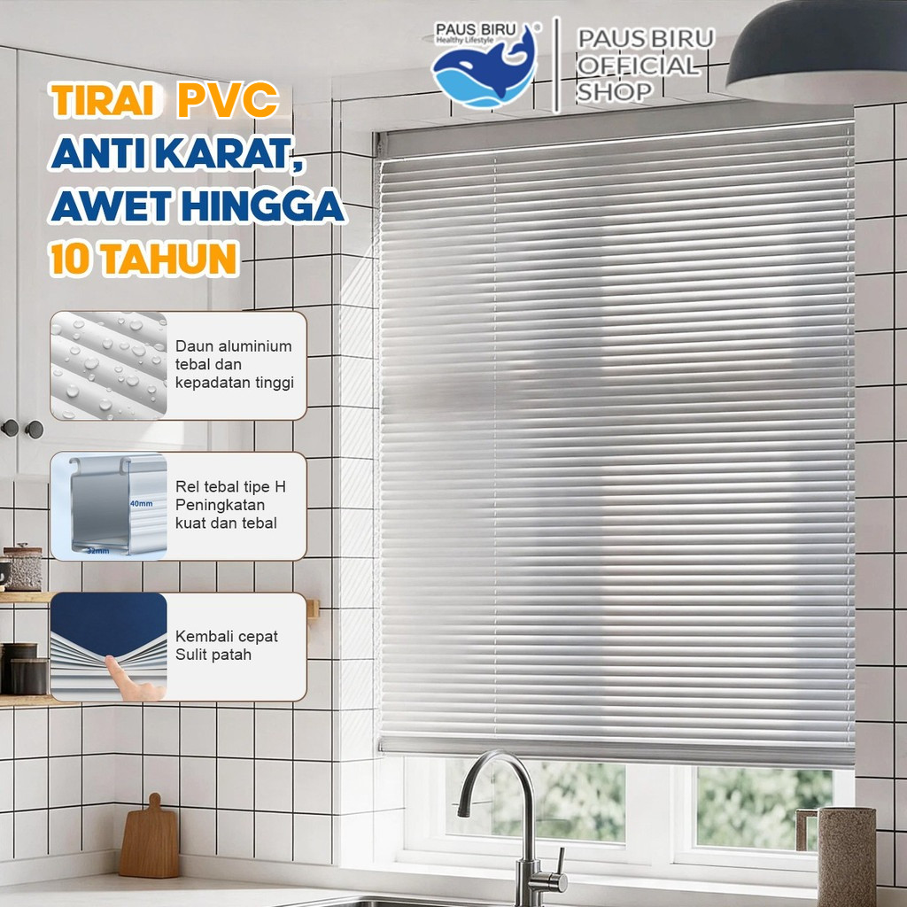 Paus Biru -  Venetian Blinds Deluxe Slat Stick Bahan PVC + Cord Horizontal Blind Jendela Awet Minimalis Modern Lebar 40-120 cm