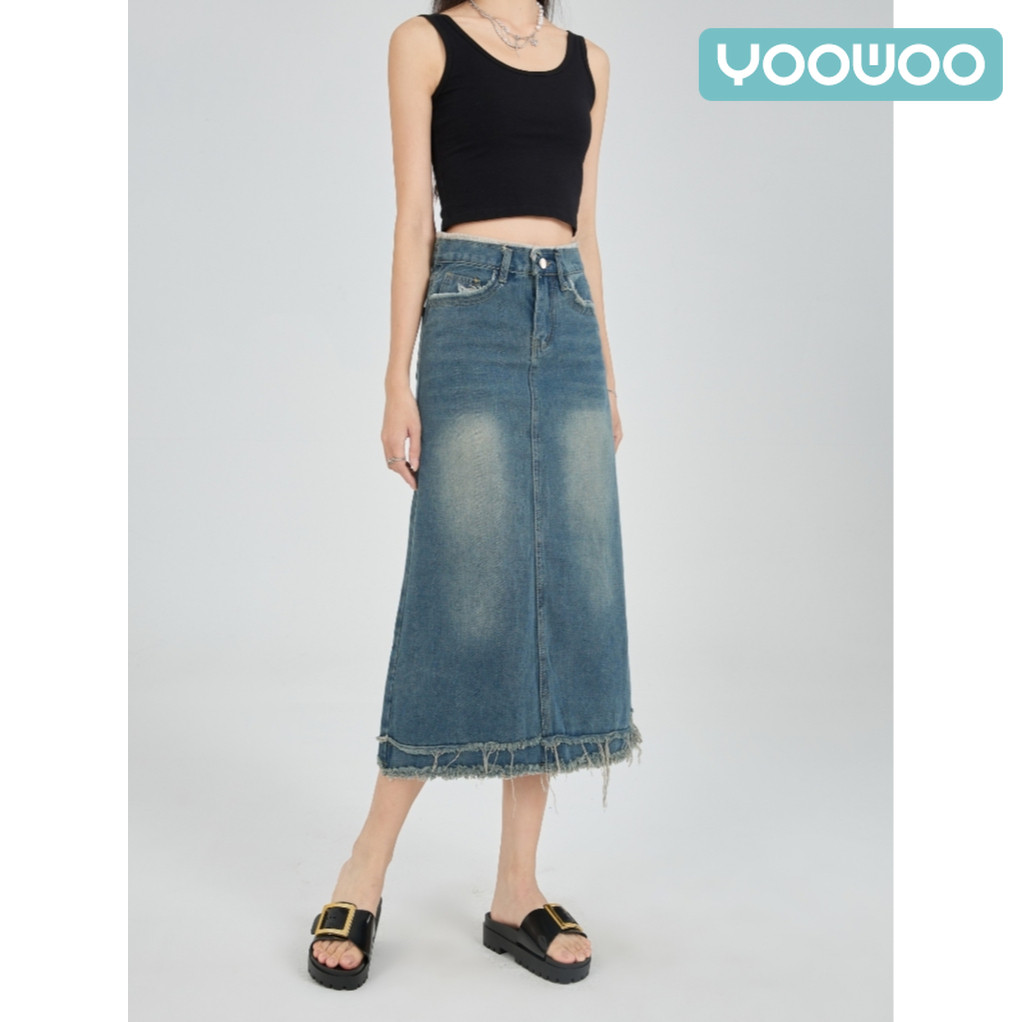 Jual YooWoo Rok Midi Jeans Wanita | Rok A-Line Denim & Rok Tinggi ...