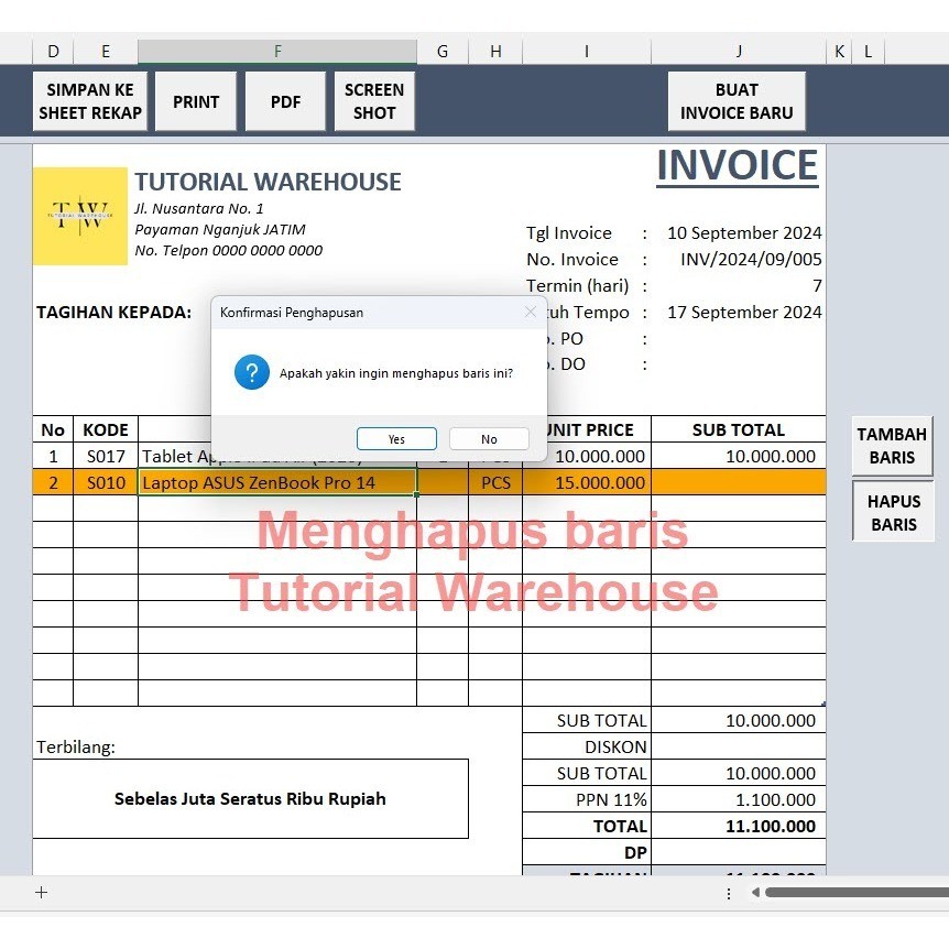 Jual Template Excel Invoice Otomatis Simpan ke Arsip, Cetak PDF, Cetak ...