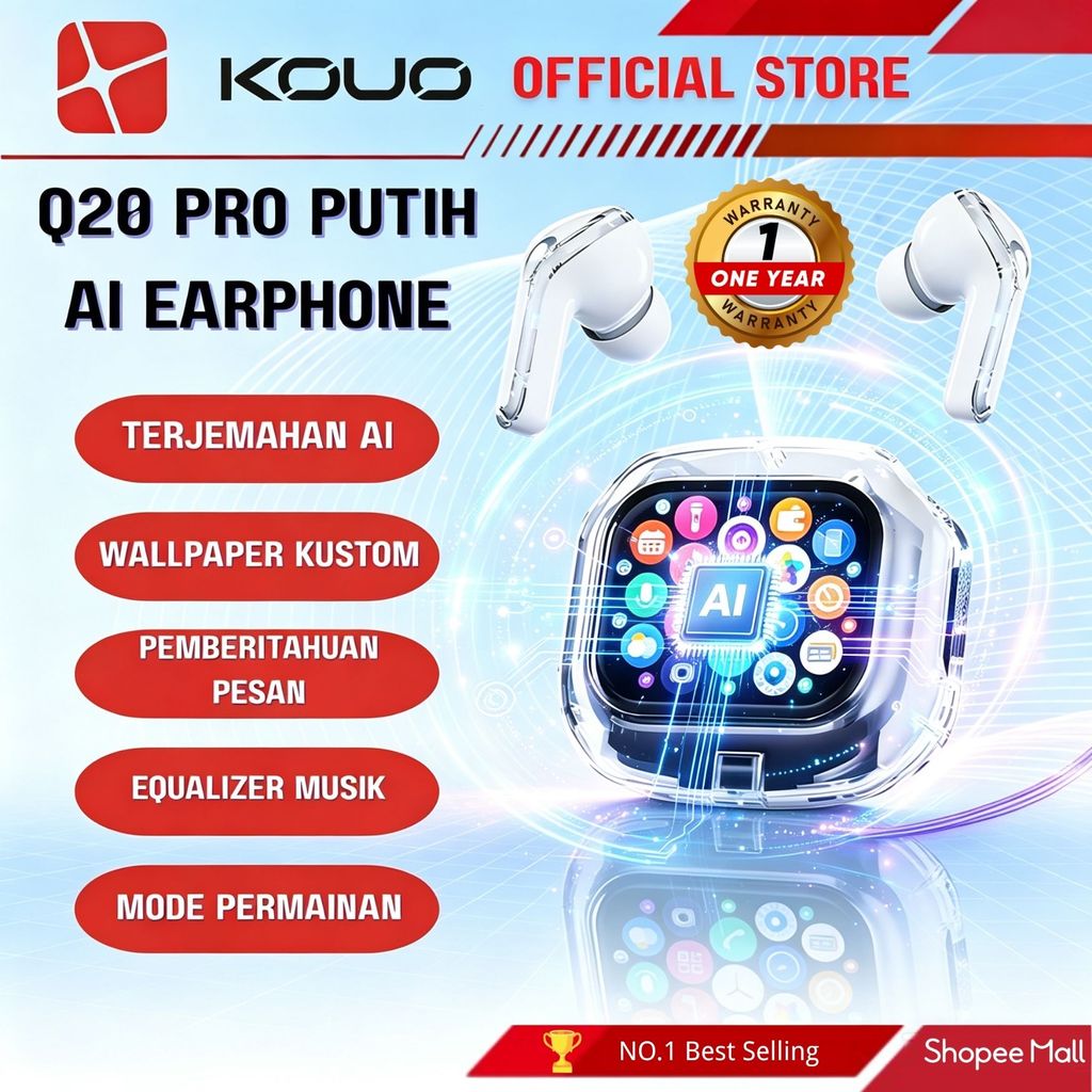 AI VERSI TERBARU Smart earphone [EXCLUSIVE NEW] BUY 1 GET 4 NEW ARRIVAL AI VERSI TERBARU Q20 MAX AIRMAX KOUO TWS Q20 AI Earphone Layar Sentuh Dengan AI Cerdas Terjemahan Bahasa Global Factory Grosir