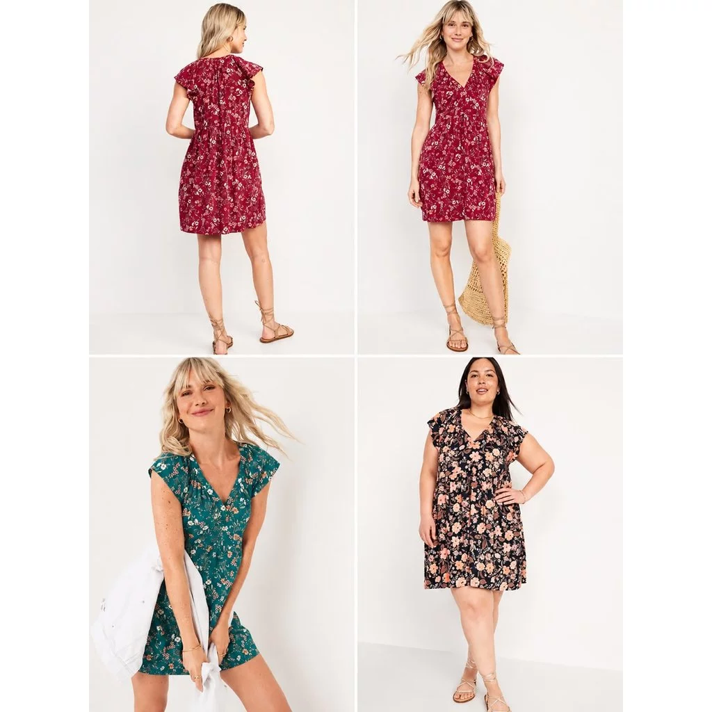 OLN Flutter-Sleeve Floral-Print Mini Swing Dress - Mini Dress Santai Adem Rayon Viscose - 3189