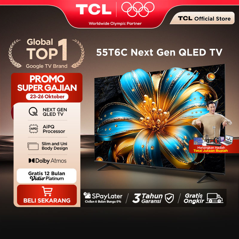TCL Next Gen QLED 55 inch T6C - 4K Google TV - HVA Panel - HDR 10+ - Dolby Vision & Atmos - Google Assistant/Google Play/Netflix/Youtube/Disney+Hotstar - Smart Android 50 LED Digital (Model: 55T6C)