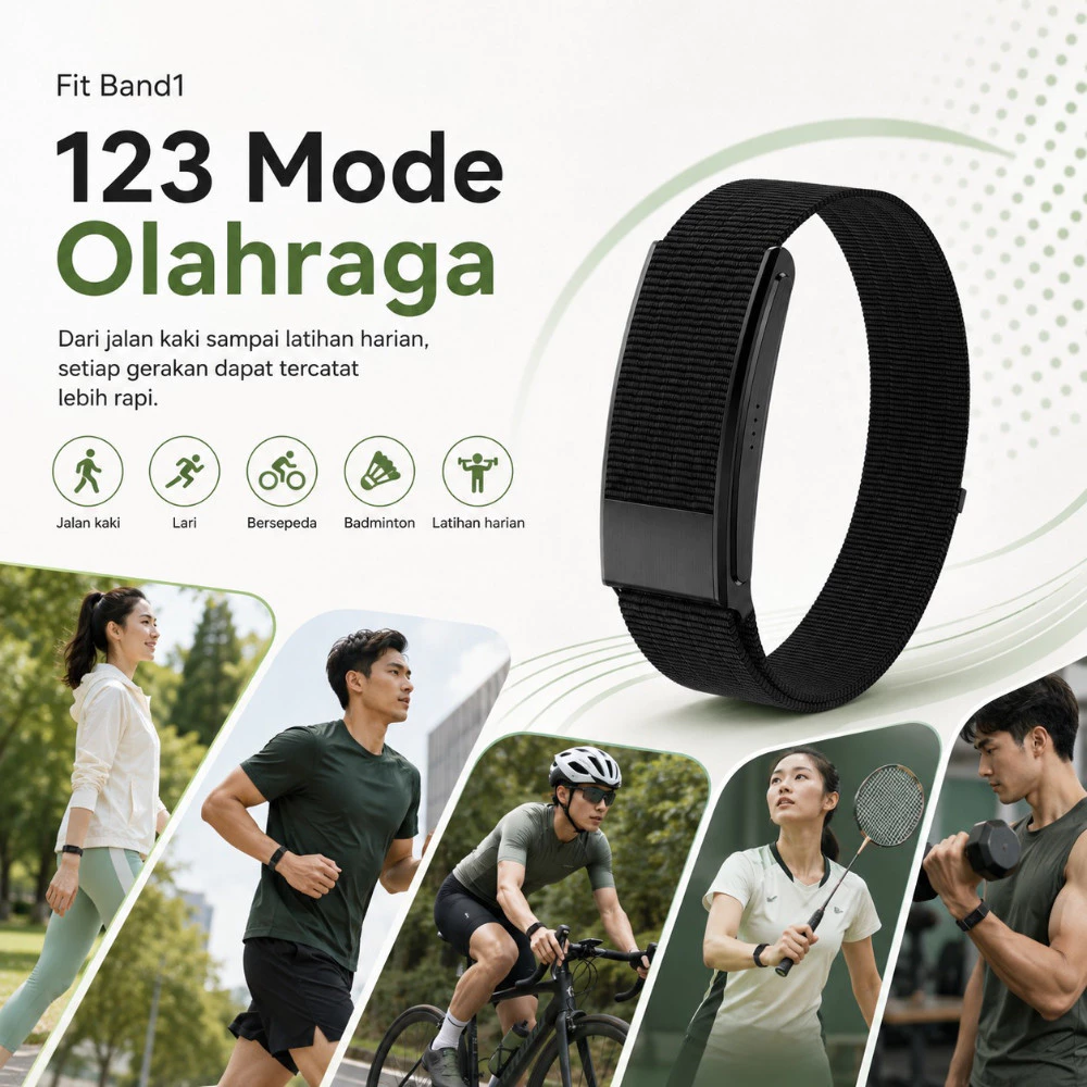 Morein Plus Fit Band 1.0 gelang kebugaran hitam strap nilon dengan fitur pemantauan detak jantung dan oksigen darah
