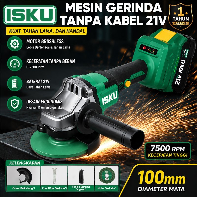 ISKU Gerinda Tangan Cordless 21V Mesin Gerinda Baterai Brushless 7500RPM Potong Besi Amplas Poles