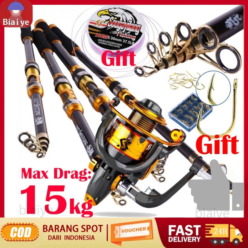 Joran Pancing Set Carbon Fiber Panjang 2.1M 2.4M 2.7M 3.0M 3.0m Fishing Rod Reel Pancing 12BB Spinning Fishing Reel Gearing 5.5:1 High Speed Fishing Combo