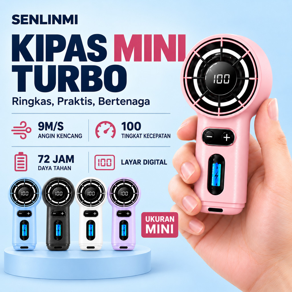 SENLINMI cod 2026 new Kipas Angin Mini Portable High-speed Mini Kipas Tangan 16500RPM Kipas Strong Wind 100 Gear Wind Outdoor  Digital Display AdjustableKipas Mini Genggam Portabel Type-c Handheld Mini Fan Super Mini