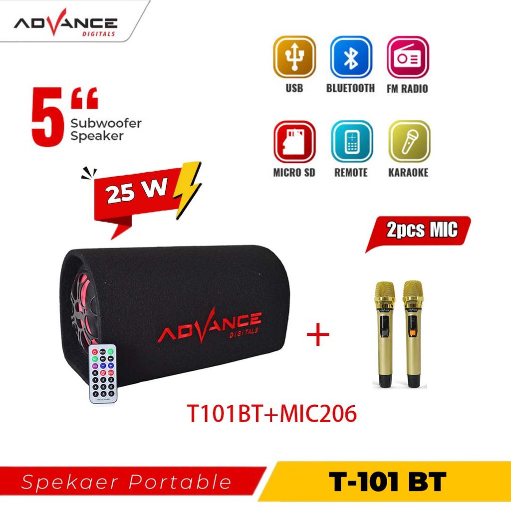 2 MIC Advance T-101BT+MIC206 Speaker Bluetooth (Dapat dihubungkan ke mobil)Speaker Karaoke Speaker Portable Multimedia Speaker Subwoofer System Speaker Motor 5inch T-101+206