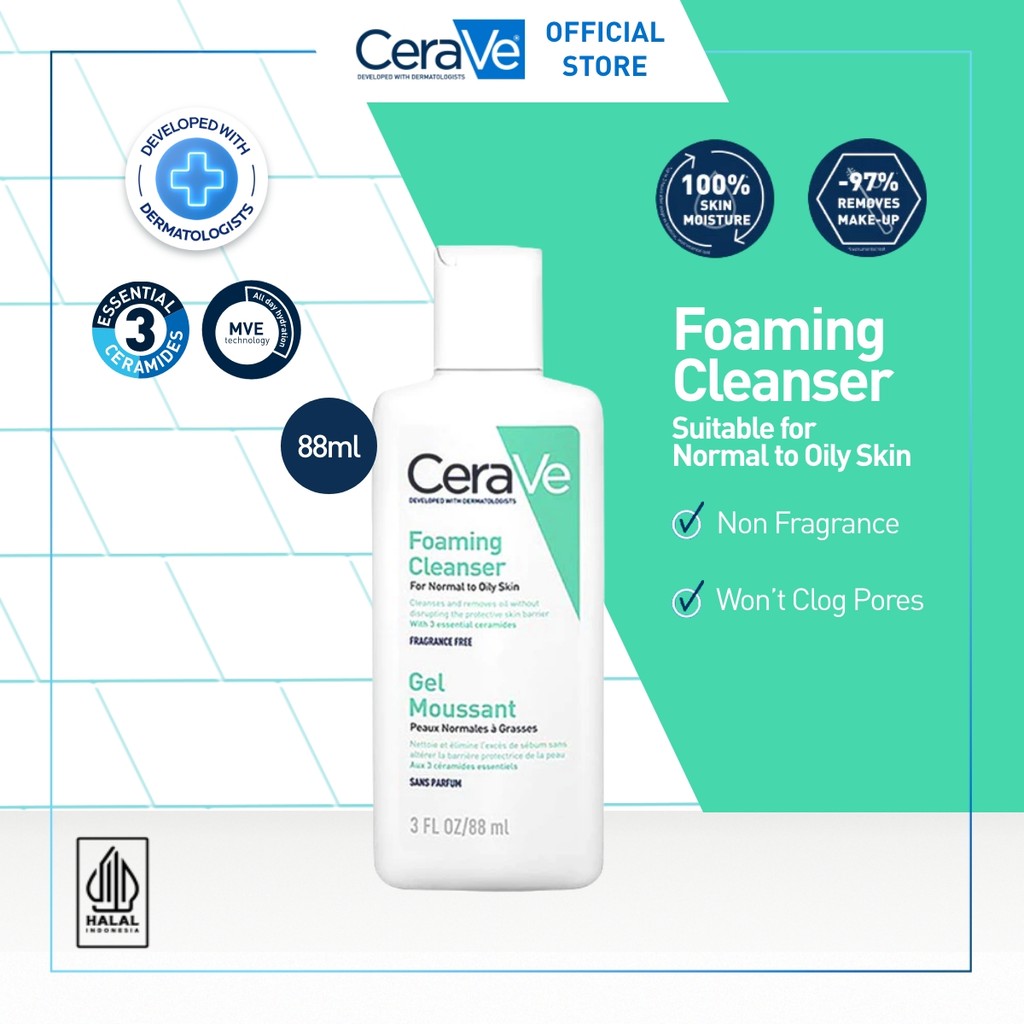 CeraVe Foaming Cleanser 88 ml – Skin Barrier Face Wash with Ceramide for Normal to Oily Skin [Pembersih Wajah Untuk Kulit Berminyak]