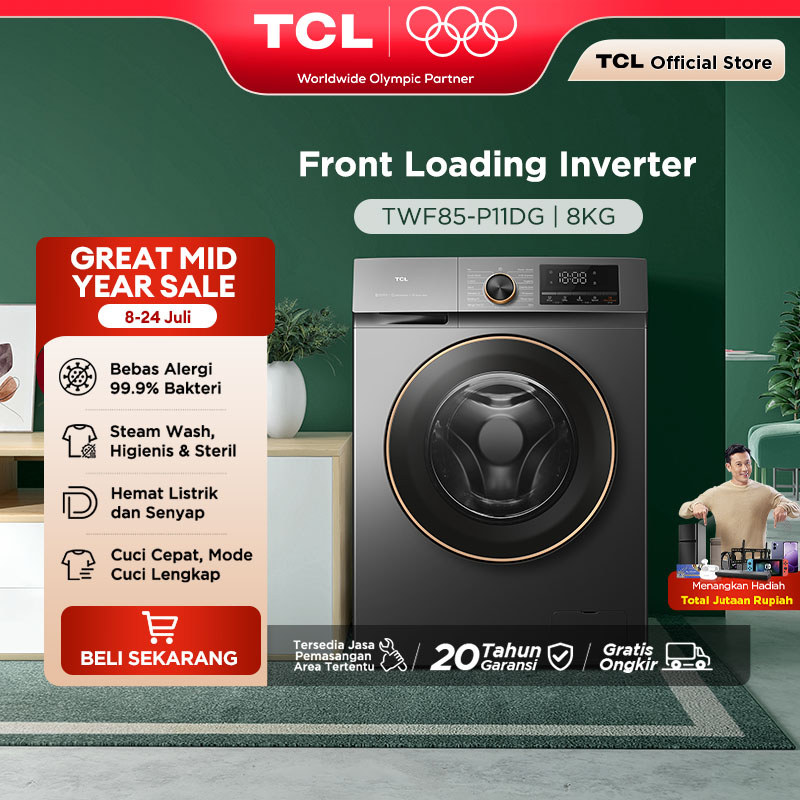 TCL Mesin Cuci Front Loading Inverter P11 8 KG - EBS Steam Wash - Quick Wash 15' - Smart DD Inverter Motor - Magic Flow - Bukaan Depan - Hijab Bedcover - Menghilangkan Bakteri Kuman (Model: TWF85-P11DG)