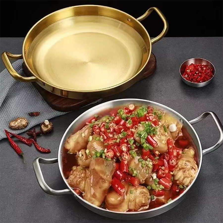 Jual Korean Frying Pan Stainless Steel Paella Pan with Gold Handle ...