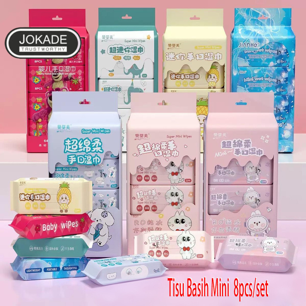 Jual Tisu basah mini isi 64pcs tisu basah anak karakter 1 pack isi 8 ...
