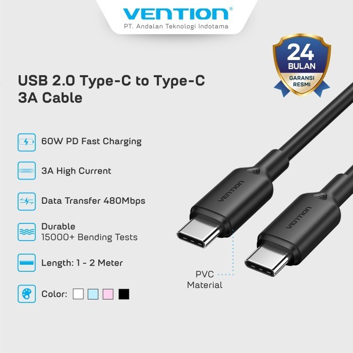 Jual Kabel Charger Vention Type C to Type C 60W PD Iphone 15 / Android ...