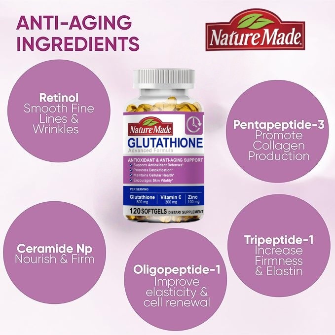 Jual NatureMade Glutathione 800mg Capsules Contains 300 mg of Vitamin C and  100 mg of Zinc Brightens skin tone, detoxifies and beautifies, boosts  immunity, and replenishes energy 120pcs Softgels Mencerahkan warna kulit