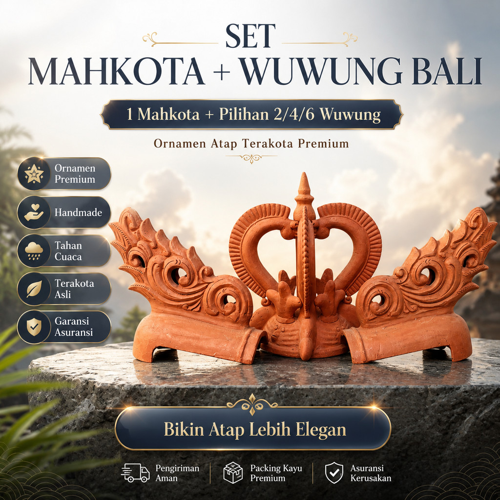 Paket Mahkota Mustaka 4 Sisi Model Bali + Ujung Wuwung Jengger Khas Bali Tanah Liat Ornamen Hiasan Atap Rumah & Gazebo