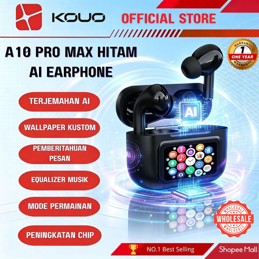 KOUO A9 A10 Pro Upgraded AI Translate Earbuds TWS Touch Screen Headset Bluetooth 5.4 ANC ENC Real Time Translation 150 Bahasa Mode Game Full Bass Android Iphone