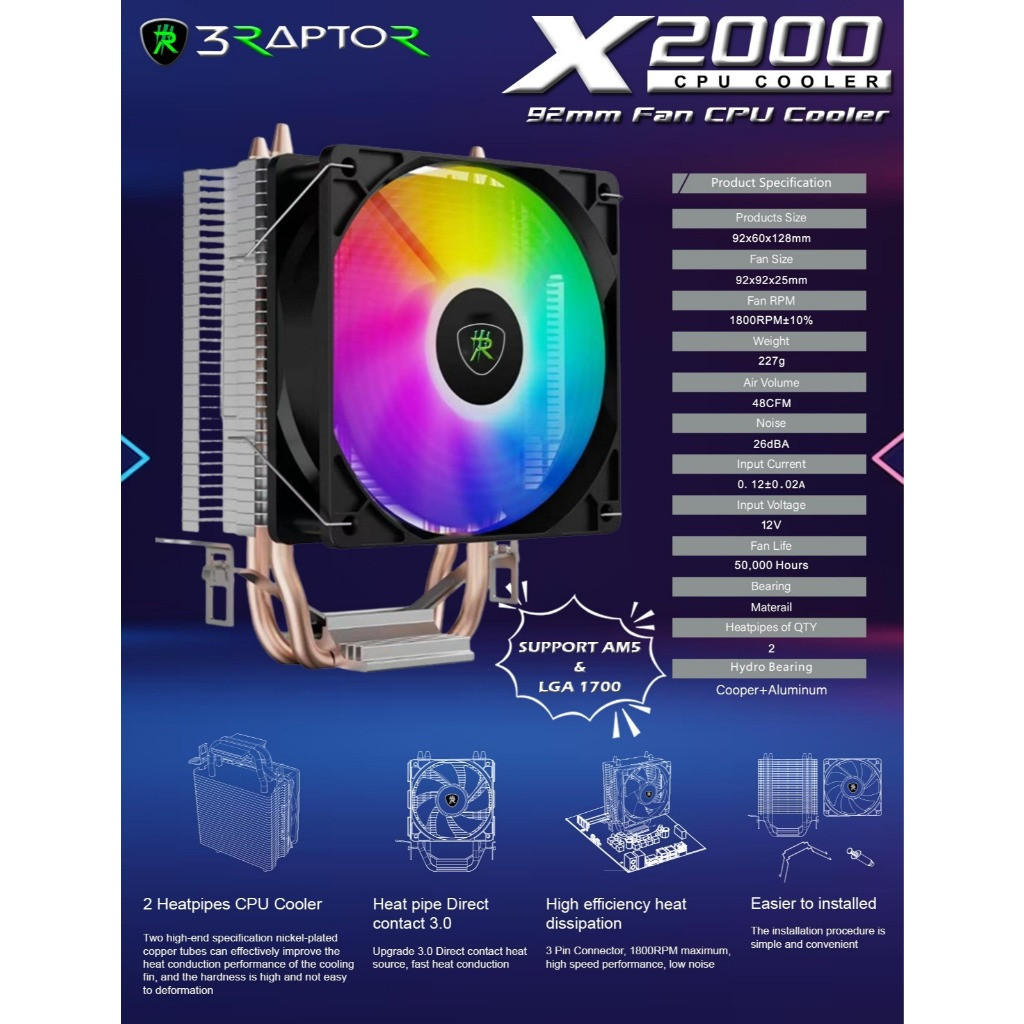 Jual RAPTOR CPU COOLER X2000 RGB FAN | Shopee Indonesia