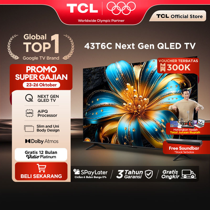 TCL Next Gen QLED 43 inch T6C - 4K Google TV - HVA Panel - HDR 10+ - Dolby Vision & Atmos - Google Assistant/Google Play/Netflix/Youtube/Disney+Hotstar - Smart Android 40 LED Digital - RAM 2GB ROM 16GB (Model: 43T6C)
