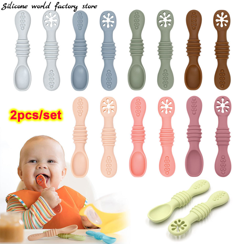 Jual Silicone world 2PCS Baby Learning Spoons Utensils Set Silicone ...
