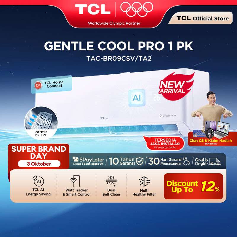 (NEW LAUNCH AC INVERTER) TCL AC Smart AI Inverter 1 PK - Gentle Cool - Power Saving - Watt Tracker - Smart Home Control - Wi-Fi - Healthy Filter - Low Watt - Fast Cooling - Full Set Baru (Model: TAC-BR09CSV/TA2)