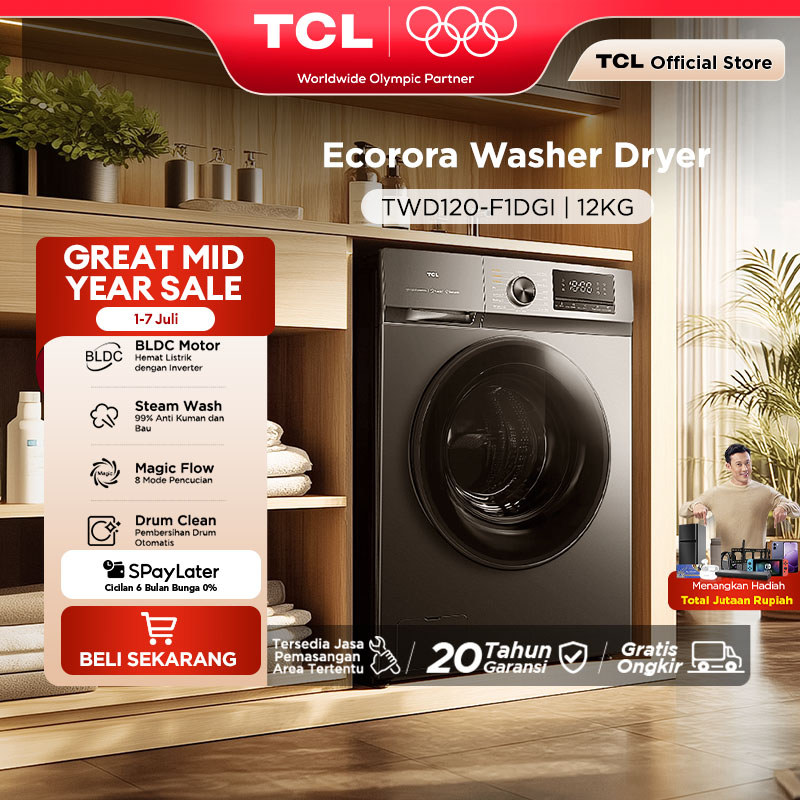 TCL Mesin Cuci Front Loading Washer Dryer 12kg C1 Series - 100% Kering - Steam Wash - BLDC Motor - Kapasitas Besar - Air Wash - Hijab Bedcover - Menghilangkan Bakteri Kuman - Ecorora (Model: TWD120-F1DG)