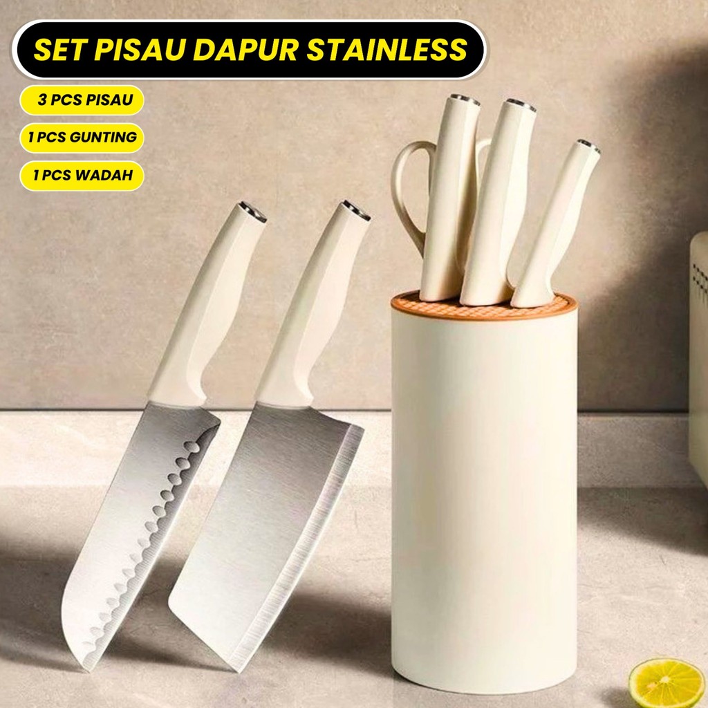5PCS Pisau Set Dapur FREE WADAH Koki Kitchen Knife Stainless Steel 5in1 Mata Pisau Tajam