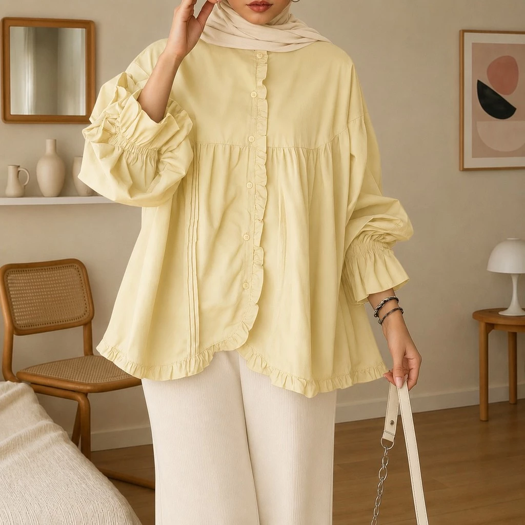 Vallina Outfit - Kalaya Blouse Atasan Wanita Oversize Jumbo Matt Polo Linen Premium Casual Daily