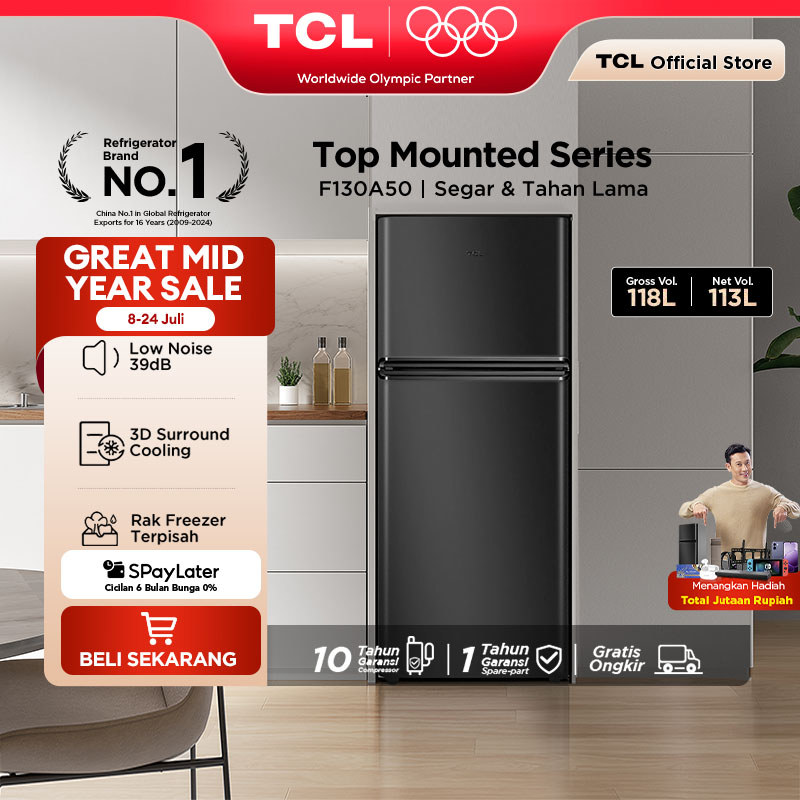 TCL Kulkas 2 Pintu (F130-A50) - Kapasitas 118L - Rak Freezer Terpisah - 3D Surround Cooling - Adjustable shelves - Low Noise 39dB - Metal Panel - Kulkas Mini - Lemari Es - Kulkas Kecil Kamar