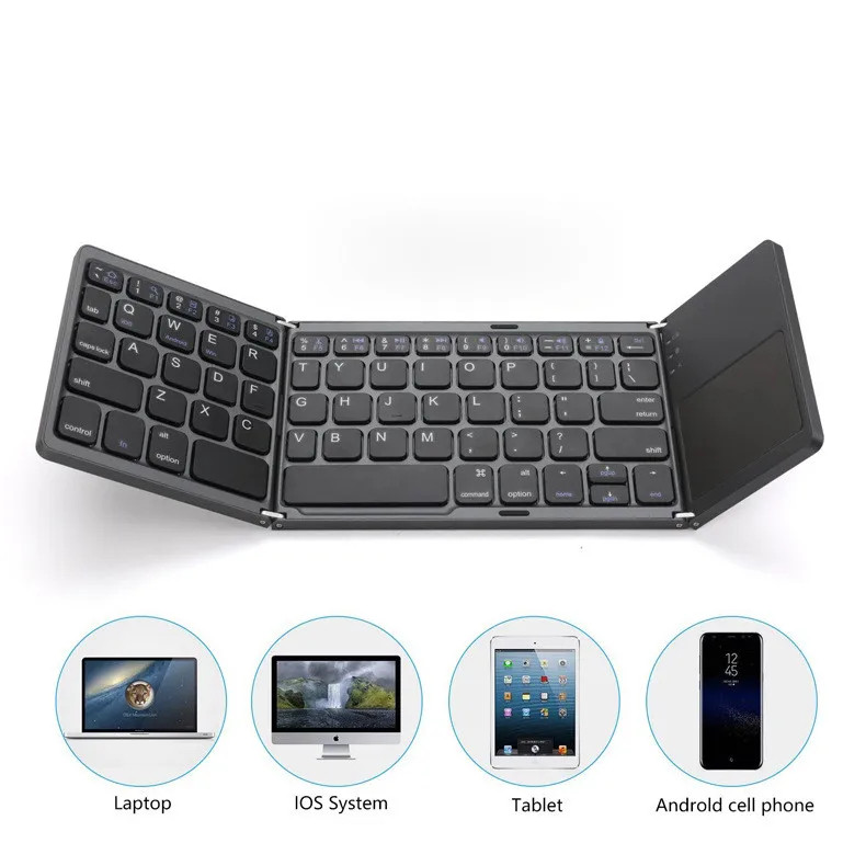 Autoshop Alat Ketik Keyboard Wireless Lipat 3 Mini Kecil Untuk Smartphone HandPhone HP Phone Tablet PC Laptop PC Foldable Slim Trifold Portable Bluetooth iOS Android Windows with Touchpad Mouse Rechargeable Aluminium B033