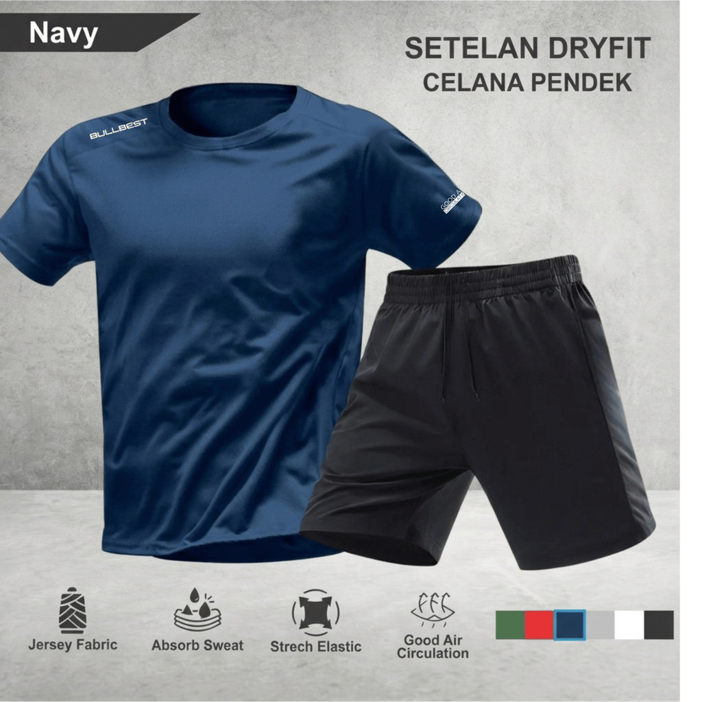 Setelan Kaos Running Dry Fit Bullbest Baju Olahraga dan Celana Pendek Lari Pria TANPA SAKU Gym Sport