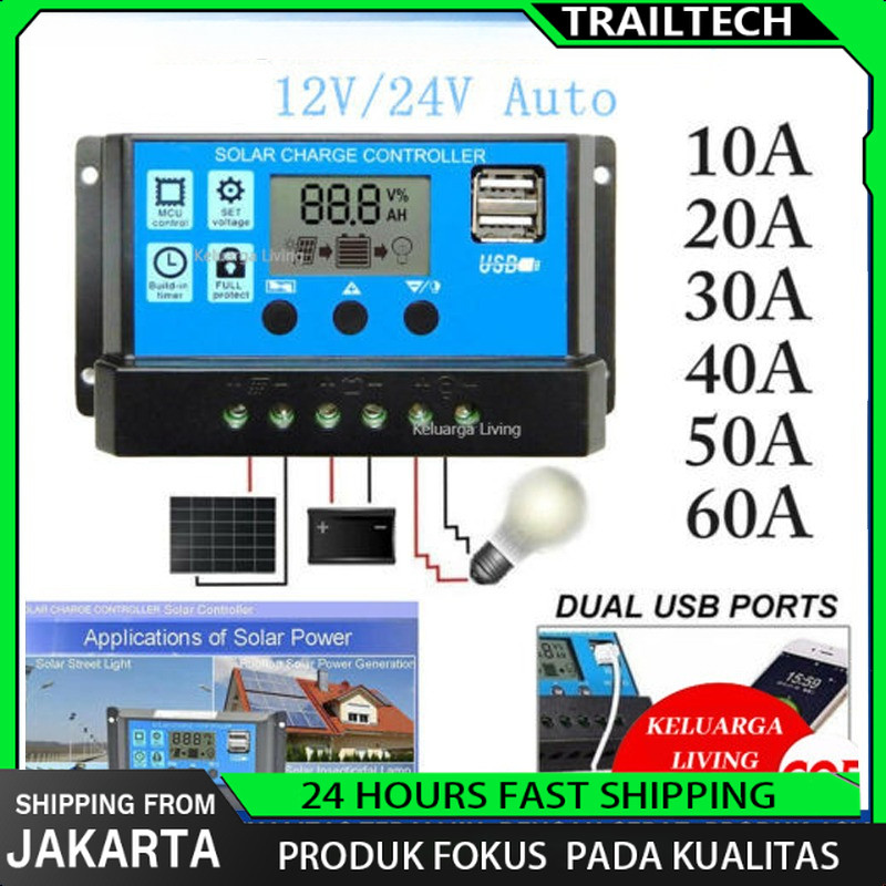 Jual Solar Charge Controller LCD LED Display Solar Cell PWM 12V 24V 10A ...