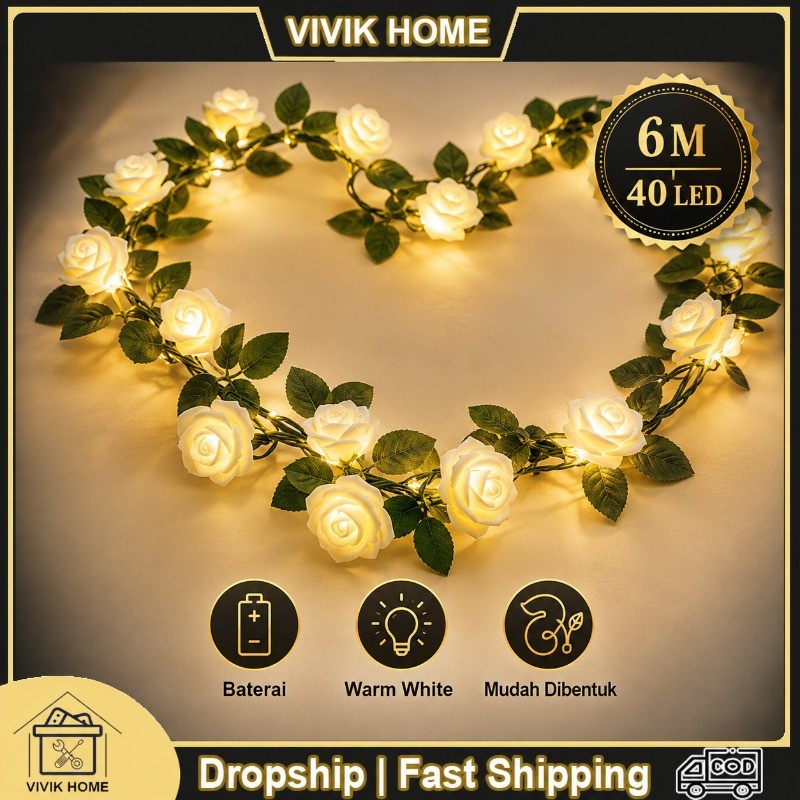 6M 40 Leds Lampu Bunga Mawar LED Tumblr Rambat Rose Light Baterai Hiasan Lampu String Dekorasi Pesta Pernikahan