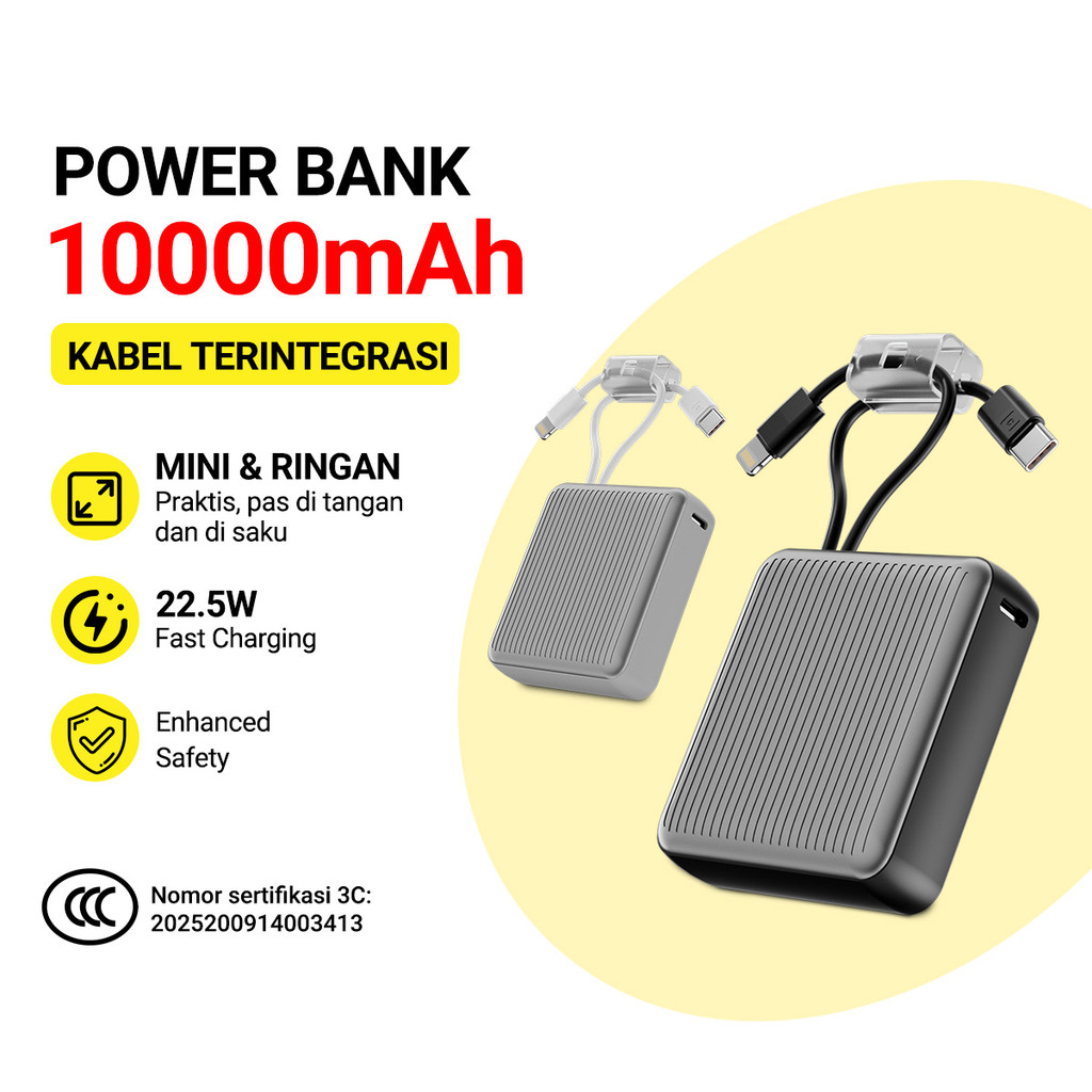 [Tersertifikasi CCC]Shotgo Powerbank Aegis10 10000mAh 22.5W PD Fast Charging PowerBank CCC with Digital Display with Built-in Cables