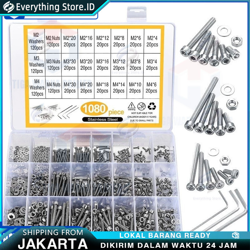 Jual 1080PCS Mur dan Baut Set 304 Stainless Steel M2 M3 M4 Kepala Datar ...