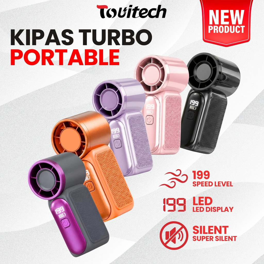 (2026 new )Touitech Kipas Angin Mini Genggam Turbo Wireless 20.000RPM Layar LED Digital 199 Tingkat Kecepatan Daya Tahan Lama Rechargeable Kantor Olahraga MF14B