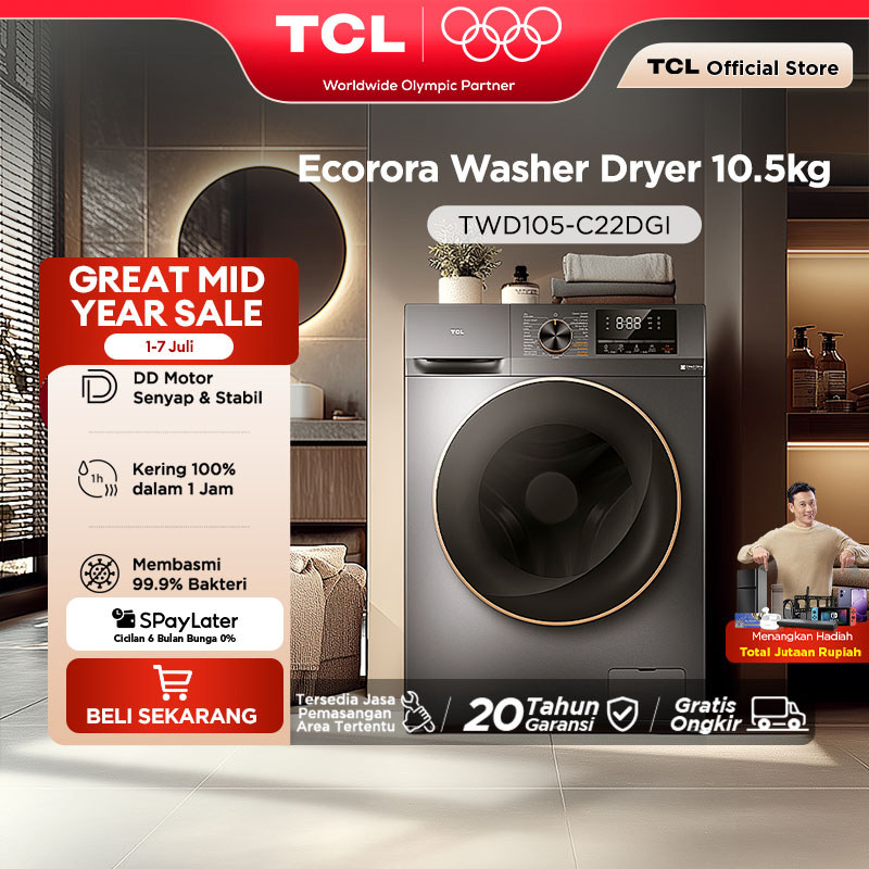 TCL Mesin Cuci Front Loading Washer Dryer 10.5 kg - 100% Kering - Direct Drive Motor - Heat Sterilization - Air Wash - Drum Clean - Pengeringan 7 kg - Hijab Bedcover - Menghilangkan Bakteri Kuman - (Model: Ecorora TWD105-C22DGI)