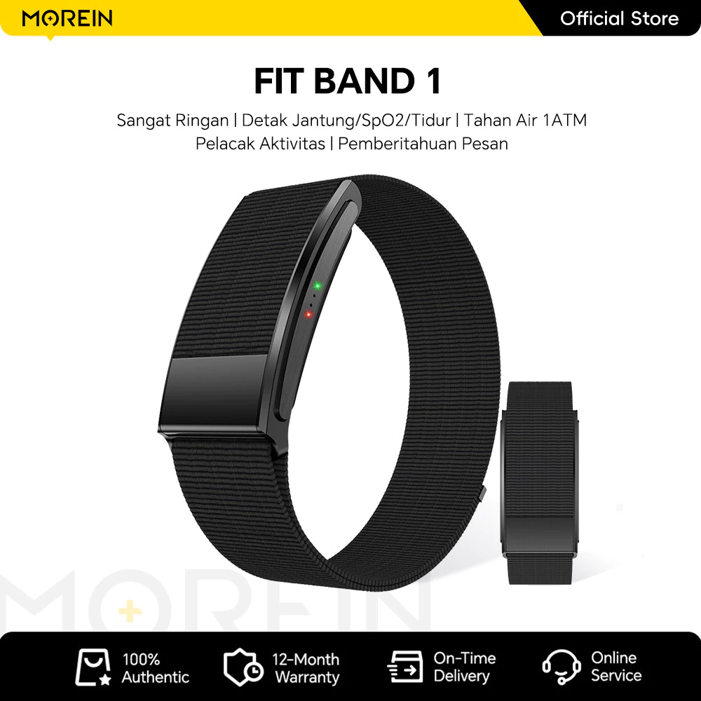 Morein Plus FIT BAND 1.0 gelang kebugaran hitam dengan strap nilon dan pemantauan kesehatan