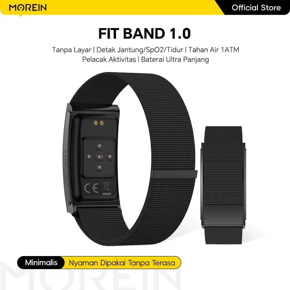 Morein Plus Fit Band 1.0 gelang kebugaran hitam strap nilon dengan fitur pemantauan detak jantung dan oksigen darah
