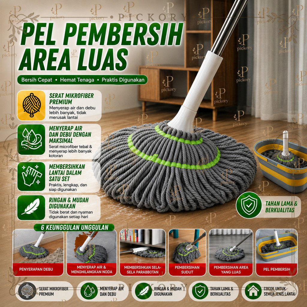 A45A PICKORY ALAT PEL PUTAR OTOMATIS 360° PEMBERSIH LANTAI TWIST MOP PEMERAS AIR PREMIUM