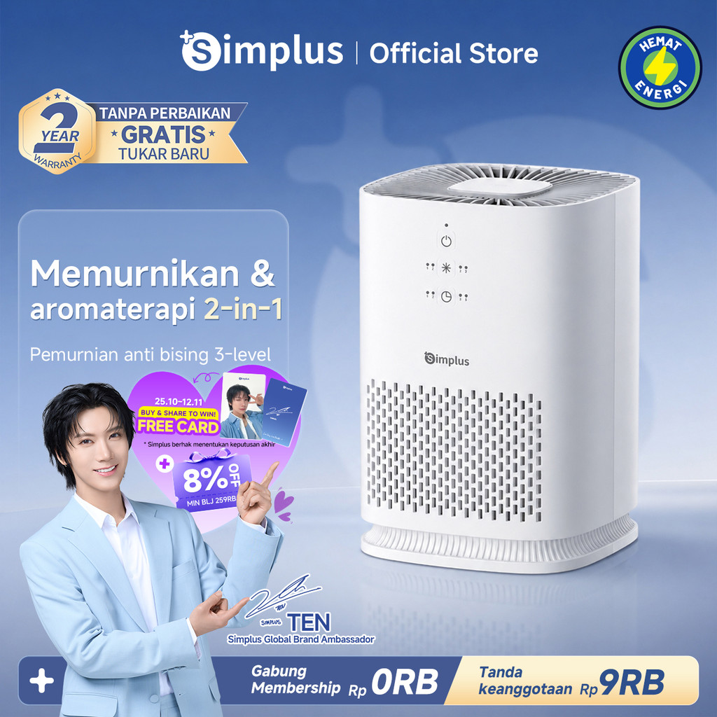 Simplus Air Purifier Mini Pemurni Udara Filter HEPA H11 Timer 8 Jam CADR 80m³/jam Dengan Aromaterapi Ozone Free