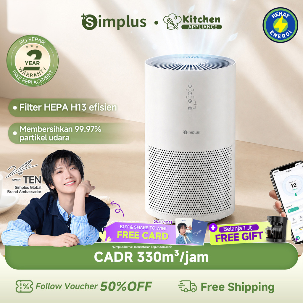 SimplusKitchen Air Purifier CADR 330m³/jam HEPA H13 Smart Auto | Penjernih Udara Ruang Tamu Kamar Anti Debu Tungau