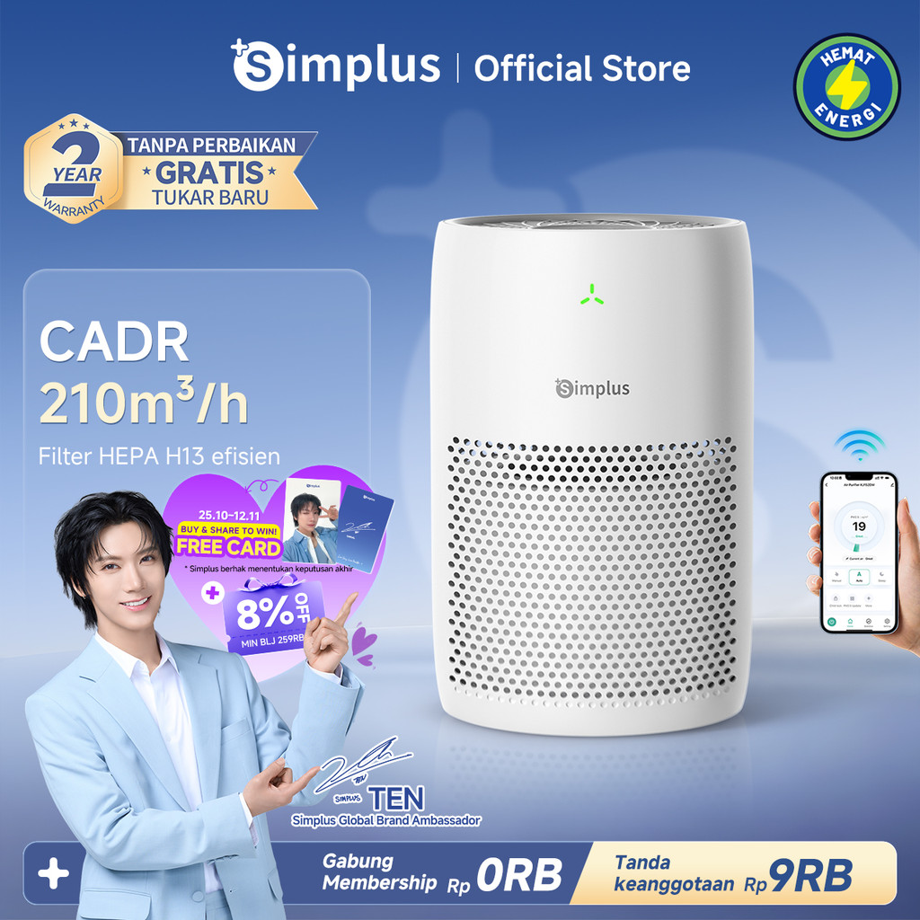 Simplus Air Purifier APP Control Filter HEPA H13 Timer 24 Jam CADR 210m³/jam Mini Pemurni Udara Ozone Free